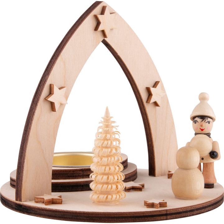 Tea Light Holder - Winter Child building Snowman - 11,5 cm / 4.5 inch