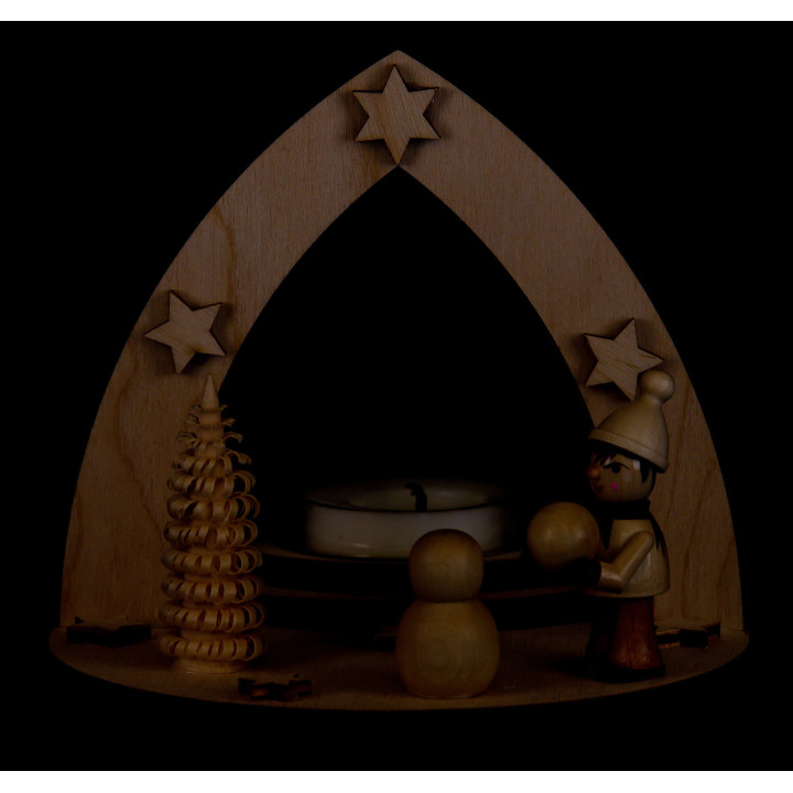 Tea Light Holder - Winter Child building Snowman - 11,5 cm / 4.5 inch