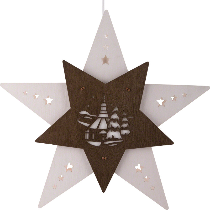 Window Picture Star "Church of Seiffen" White/Brown - 30,5x29x6 cm / 12x11.4x2.4 inch