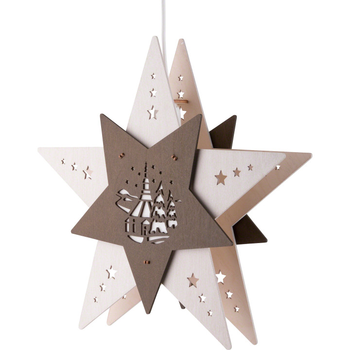 Window Picture Star "Church of Seiffen" White/Brown - 30,5x29x6 cm / 12x11.4x2.4 inch
