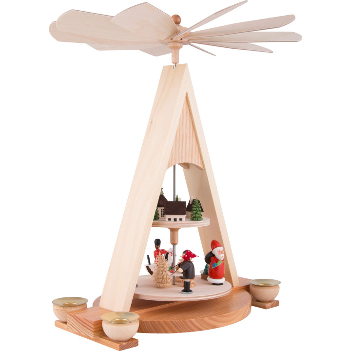 2-Tier Pyramid with Santa Claus and Seiffener Village Painted - 35 cm / 13.8 inch