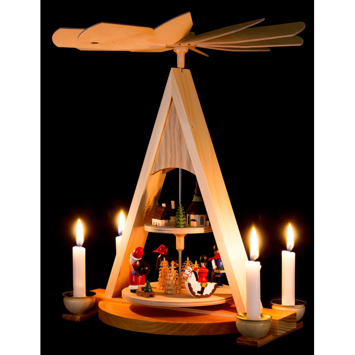 2-Tier Pyramid with Santa Claus and Seiffener Village Painted - 35 cm / 13.8 inch