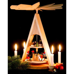 2-Tier Pyramid with Santa Claus and Seiffener Village Painted - 35 cm / 13.8 inch