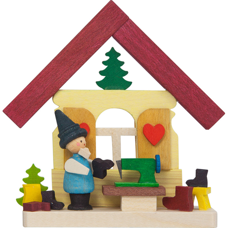 Christbaumschmuck Haus Zwerg mit Nähmaschine - 7,4 cm