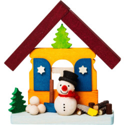 Christbaumschmuck Haus Schneemann mit Holzstapel - 7,4 cm
