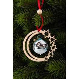 Tree Ornament - Glass Bauble in Starry Moon - Snowy Cottage - 3 pcs. - 7 cm / 2.8 inch