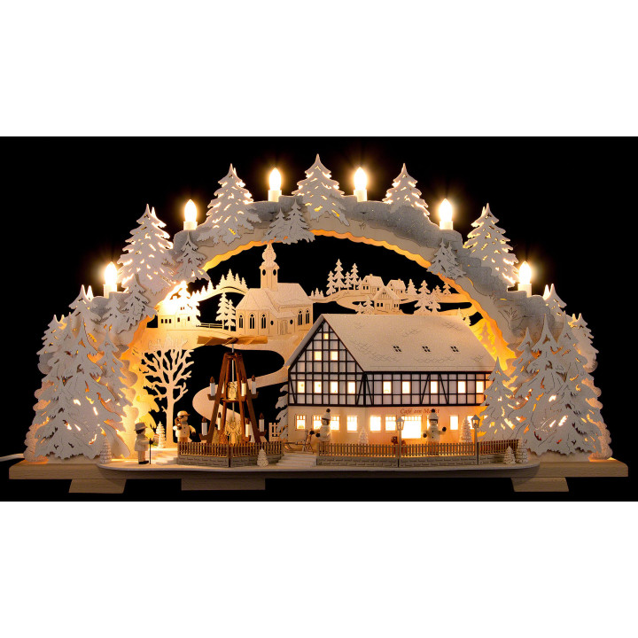 Schwibbogen Verschneites Café am Markt mit drehender Pyramide - 72x43 cm