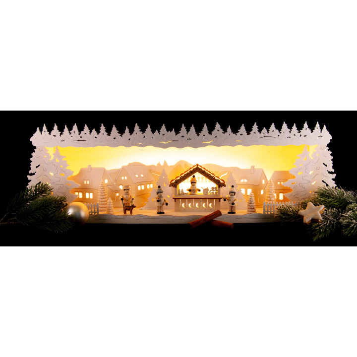 Schwibbogenerhöhung Weihnachtsmarkt verschneit - 57x17 cm
