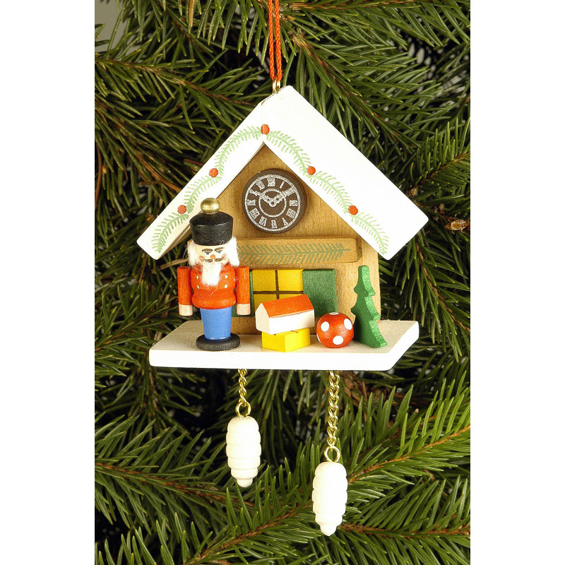 Christbaumschmuck Kuckucksuhr braun mit Nussknacker - 6,7x6,3 cm