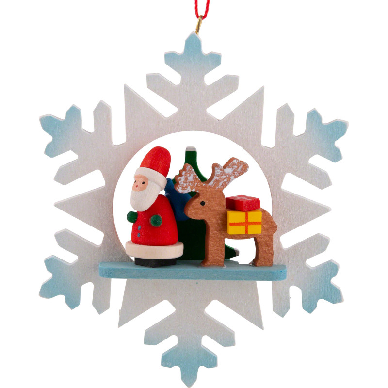 Christbaumschmuck Schneeflocke Weihnachtsmann mit Rentier - 9,0x9,0 cm