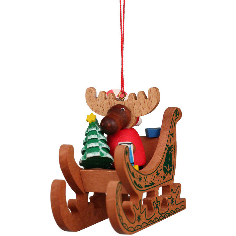Christbaumschmuck Elch Weihnachtsmann im Schlitten - 6,6 cm