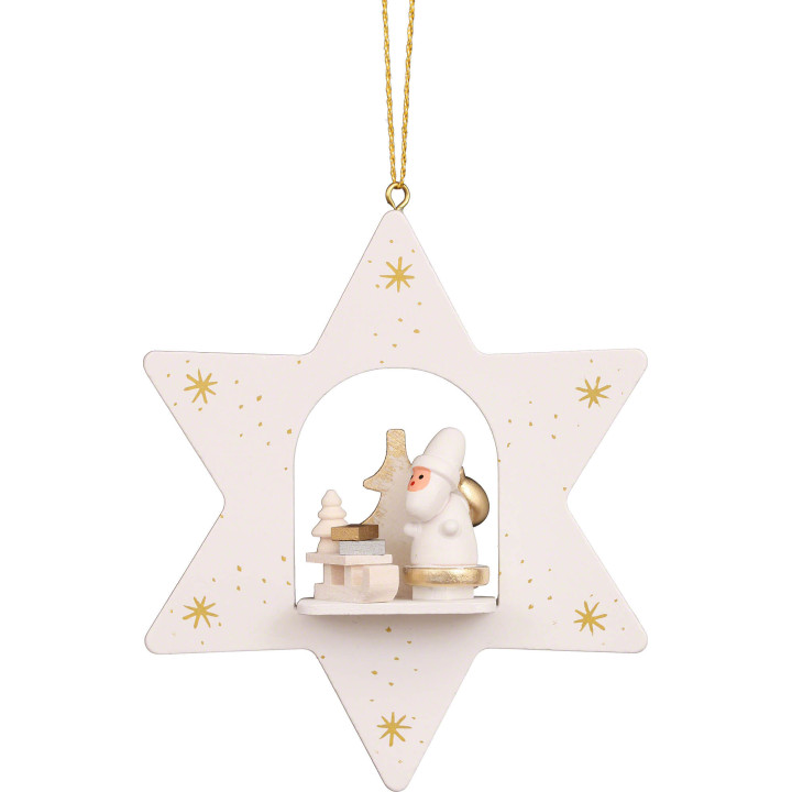 Christbaumschmuck Stern weiß Weihnachtsmann mit Schlitten - 9,6 cm