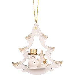 Christbaumschmuck Baum weiß mit Schneemann - 8,7 cm