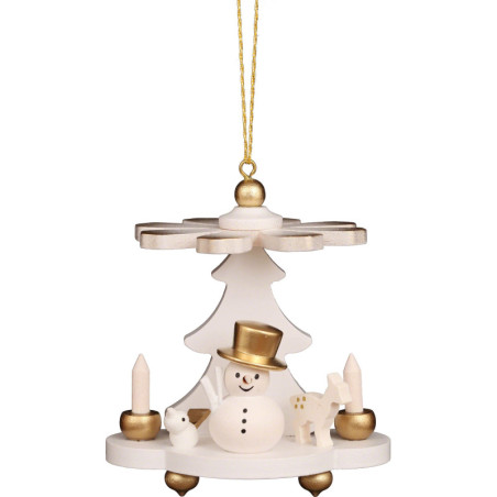 Christbaumschmuck Pyramide weiß mit Schneemann - 7,5 cm