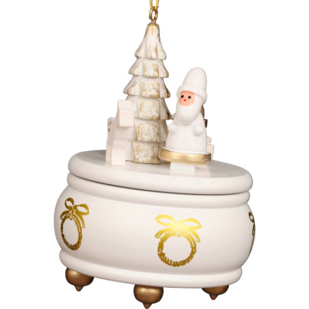 Christbaumschmuck Spieldose weiß mit Weihnachtsmann - 7,7 cm