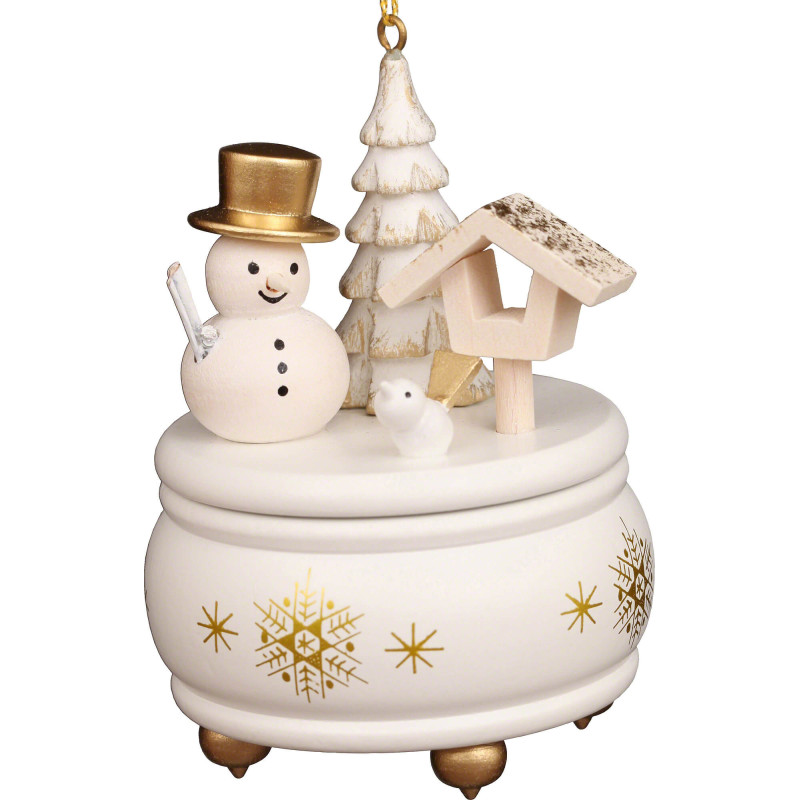 Christbaumschmuck Spieldose weiß mit Schneemann - 7,7 cm