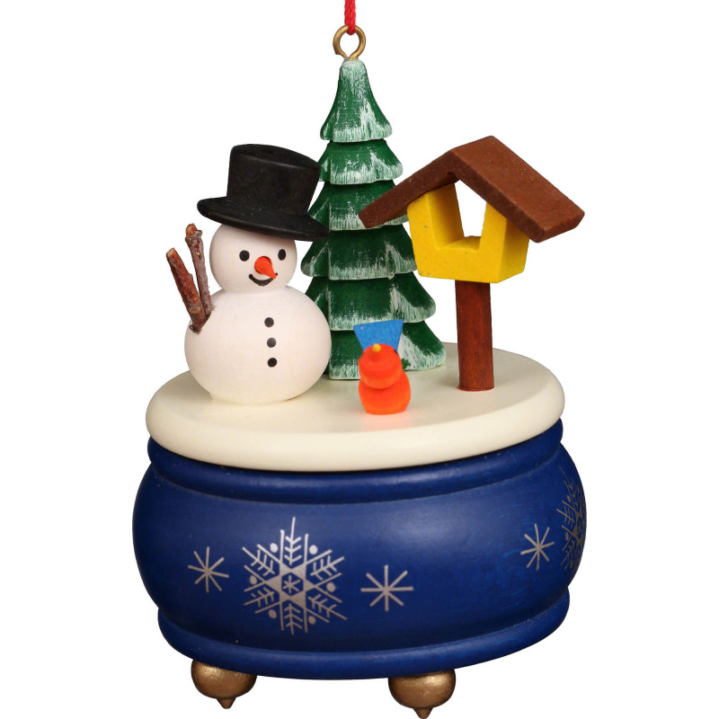Christbaumschmuck Spieldose blau mit Schneemann - 7,7 cm