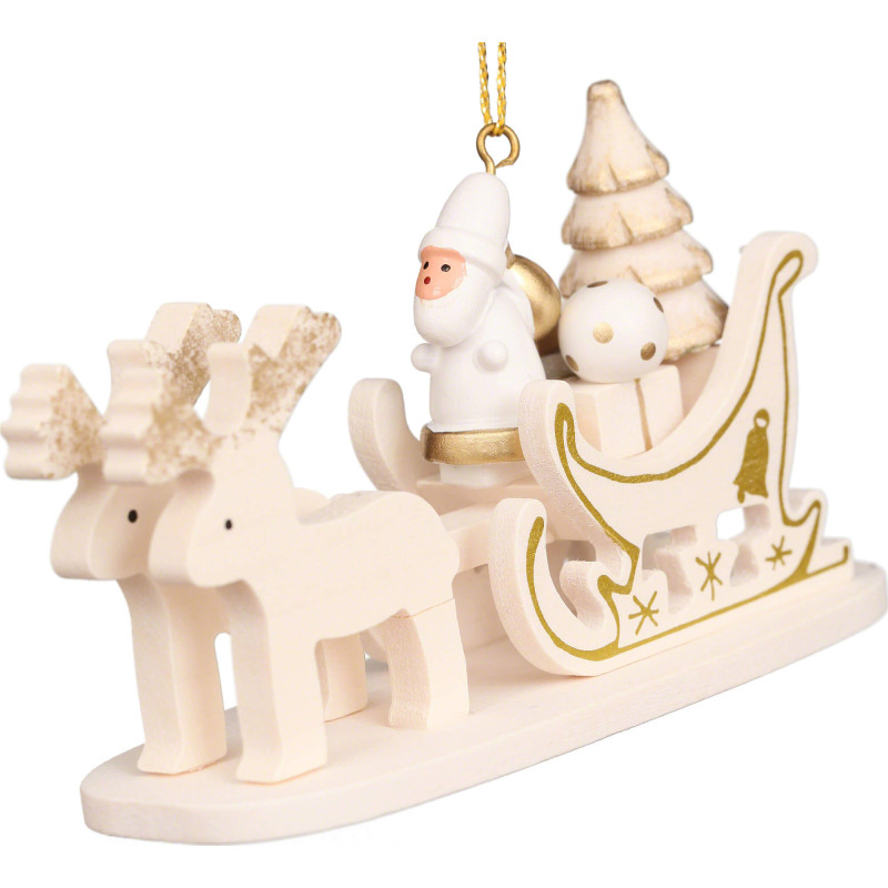Christbaumschmuck Schlitten weiß mit Weihnachtsmann - 5,5 cm