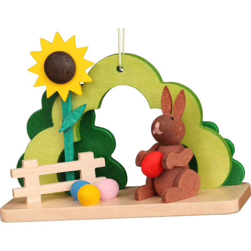 Osterschmuck Hase mit Ei am Busch - 5,4 cm