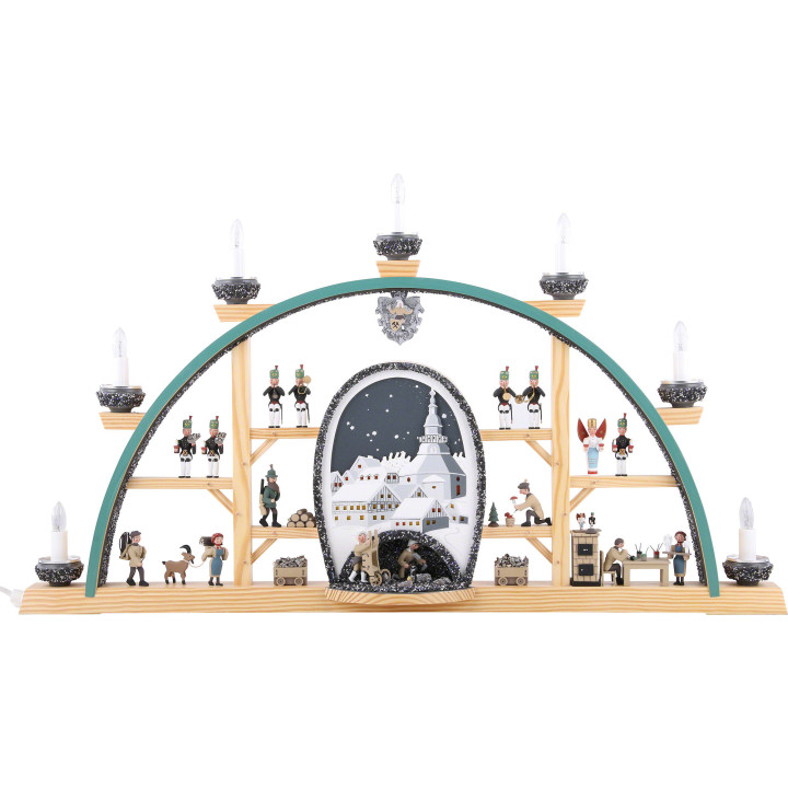 Schwibbogen Szenen aus dem Erzgebirge mit Seiffener Kirche - 72x41 cm