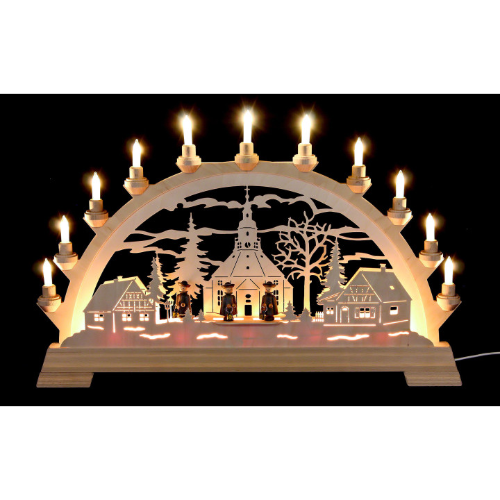 Schwibbogen Seiffener Kirche mit Kurrende - 65x40 cm