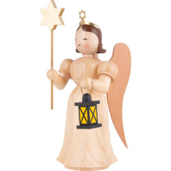Long Pleated Skirt Angel with Lantern and Star, Natural - 22 cm / 8.7 inch
